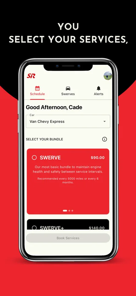 App Store screenshot of the Swerve Repair service-selection screen with bundle options