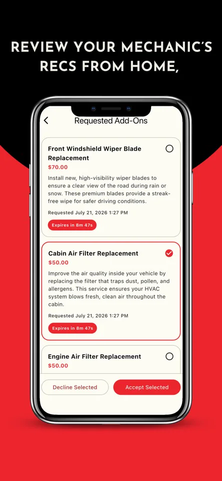App Store screenshot of shop-recommended additional services awaiting customer approval